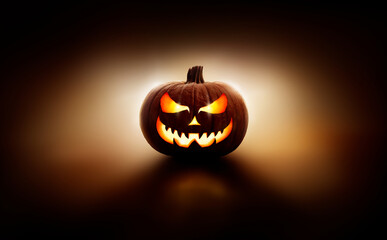 Wall Mural - a back lit halloween lantern, jack o lantern, with a spooky evil face with glowing eyes against a da