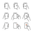 Icons of mobile phone with hands on white background. Set of tapping types of the phone screen. Interaction with side buttons and touchscreen. Isolated line art for instructions, user manuals.