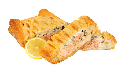 Wall Mural - Sliced puff pastry covered salmon Wellington with cheese spinach filling isolated on a white background