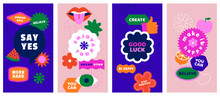 Vector Set Of Design Elements, Patches And Stickers With Inspirational Phrases - Abstract Elements For Branding, Packaging, Prints And Social Media Posts