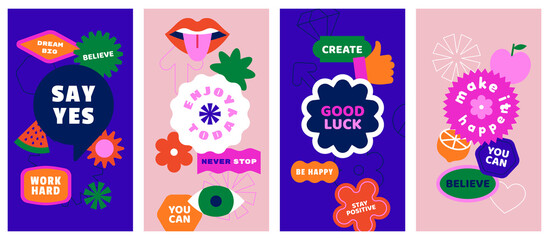 Fototapete - Vector set of design elements, patches and stickers with inspirational phrases - abstract elements for branding, packaging, prints and social media posts