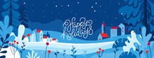 Vector Illustration In Trendy Flat Simple Style - Merry  Christmas And Happy New Year Greeting Card And Banner - Winter Landscape