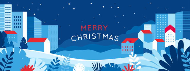 Aufkleber - Vector illustration in trendy flat simple style - Merry  Christmas and Happy New Year greeting card and banner - winter landscape