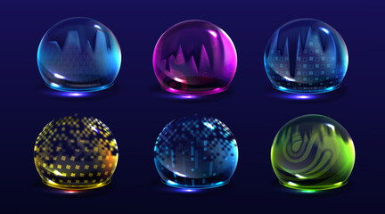 Poster - Broken bubble shields, damaged protection force fields. Vector realistic set of cracked safety energy barrier, shiny spheres with fracture. Broken defence concept