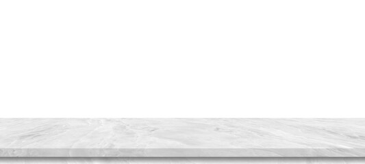 Wall Mural - Perspective white marble  shelf table isolated on white background for montage product display or design key visual layout,with clipping path.
