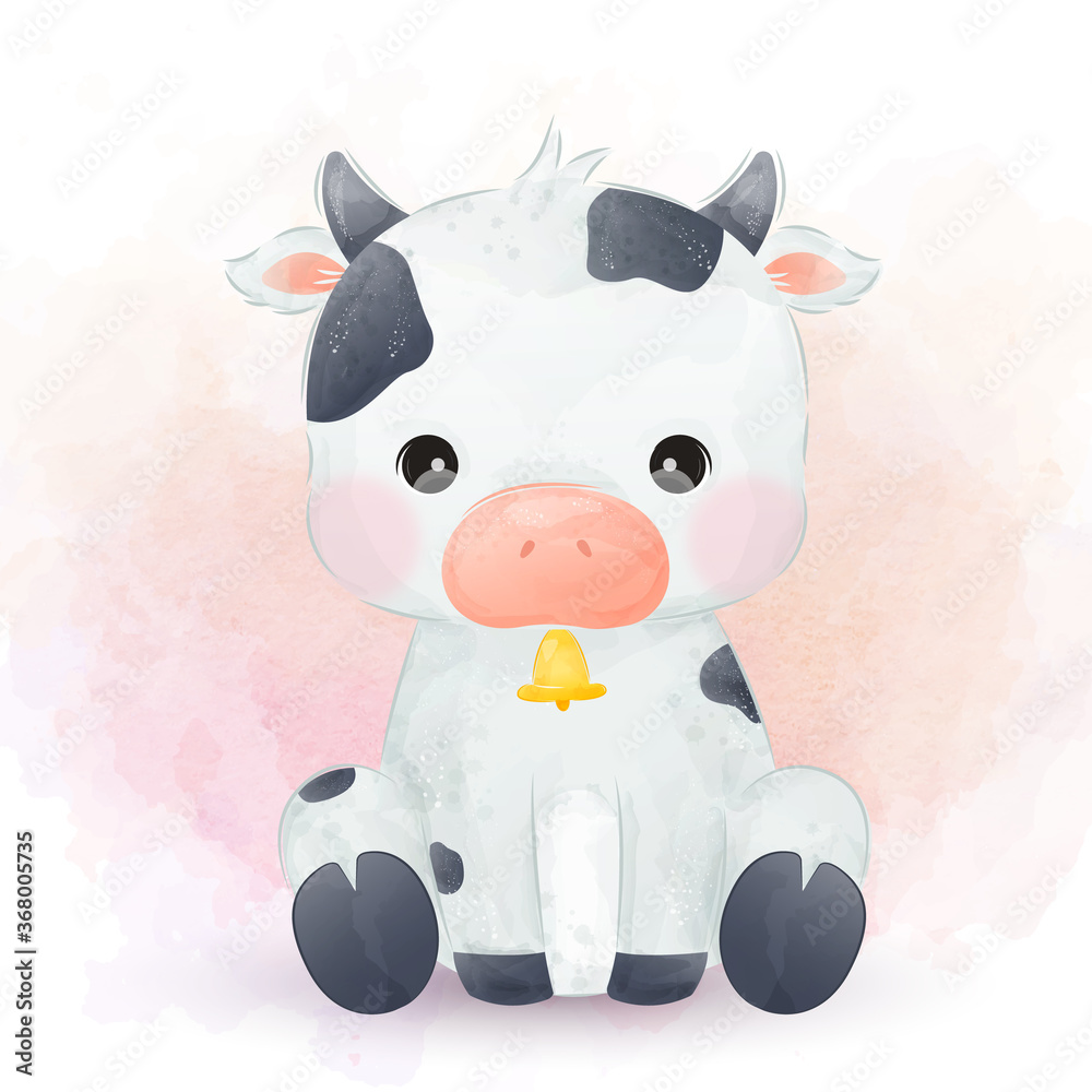 Cute baby cow illustration in watercolor. cute animal illustration, animal clip-art, baby shower decoration, watercolor illustration.
 - obrazy, fototapety, plakaty 