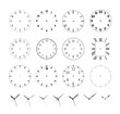 Set of round clock faces. Template for wall clock and wrist watch dials with arabic and roman numerals. Hour, minute and second hands outline vector illustration isolated on white background