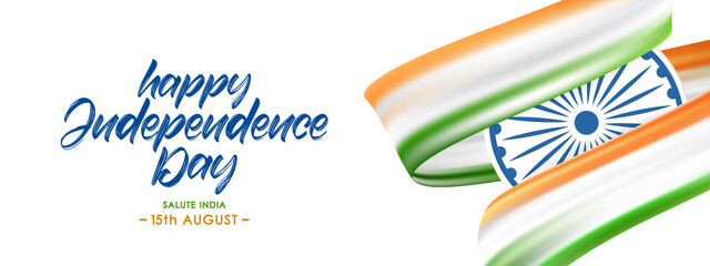 Vector Greeting banner with Indian flag and Handwritten lettering of Happy Independence Day. 15th August. Salute India