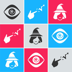 Sticker - Set Hypnosis, Spell and Witch icon. Vector.