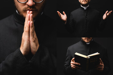 Sticker - collage of priest holding holy bible and standing with praying hands isolated on black