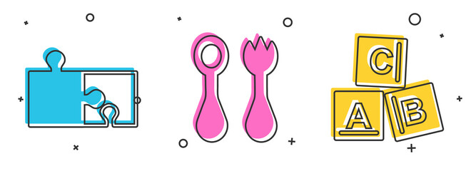 Poster - Set Piece of puzzle, Baby cutlery with fork and spoon and ABC blocks icon. Vector.