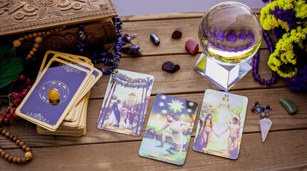 Tarot card on a table, White magic, attributes for witch,  magic for love, health, attracting happiness . Esoteric concept