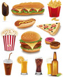 fast food items-hamburger, fries, hotdog, coffee,cola, beer,  juice, baguette,pizza, ice cream, popcorn, donut