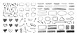 Vector set of hand drawn elements isolated on white background, black scratched hatch drawings, circles, arrows, hearts, bubbles.