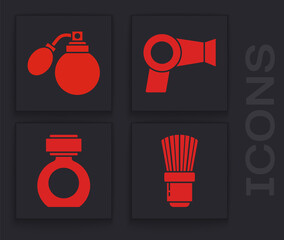 Set Shaving brush, Aftershave bottle with atomizer, Hair dryer and Aftershave icon. Vector.