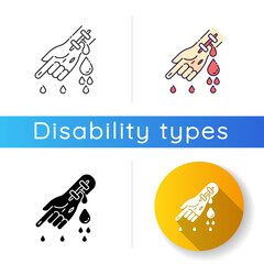 Sticker - Hemophilia icon. Damaged hand with flow of blood. First aid for emergency. Bleeding arm with cut vein. Medical problem. Health care. Linear black and RGB color styles. Isolated vector illustrations