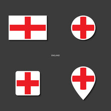 England Flag Icon Set In Different Shape (rectangle, Circle, Square And Marker Icon) On Dark Grey Background. England Sticker Flag Collection On Barely Dark Background.