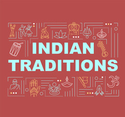 Indian traditions word concepts banner. Ntional and religious holidays of India infographics with linear icons on purple background. Isolated typography. Vector outline RGB color illustration