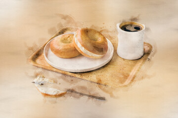 paint watercolors under the theme of coffee and bagels.