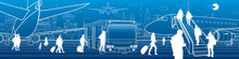 Airport Panorama. The Plane Is On The Runway. Aviation Transportation Infrastructure. Airplane Fly, People Get On The Aircraft And Bus. Night City On Background, Vector Design Art