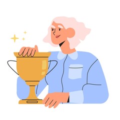 happy woman holds gold champion cup isolated on white background in flat cartoon style. business wom