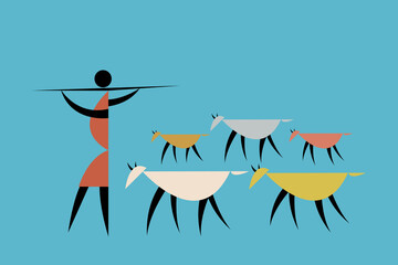 Tribal style illustration of a farmer with a herd of livestocks.