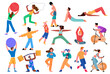 © Flash Vector - Sport activity vector illustration set. Cartoon flat active sportsman collection with man woman character doing yoga asana, fitness exercises with dumbbells in gym, healthy lifestyle isolated on white
