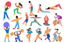 Sport Activity Vector Illustration Set. Cartoon Flat Active Sportsman Collection With Man Woman Character Doing Yoga Asana, Fitness Exercises With Dumbbells In Gym, Healthy Lifestyle Isolated On White