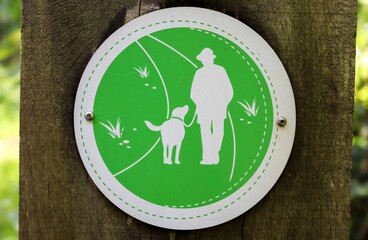 Wall Mural - Illustration of a man walking dog line icon isolated on a wooden surface