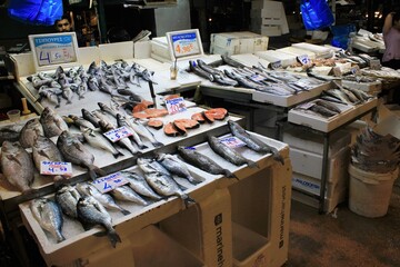 Stalls with sea food at fish market in Athens, Greece, July 27 2020.