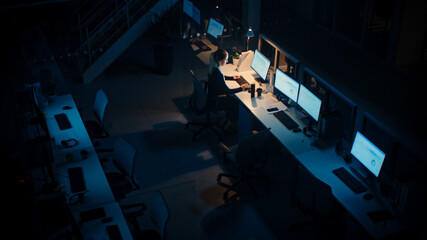 Poster - Working Late at Night in the Office: Businesswoman Using Desktop Computer, Having Discussion, Analyzing, Using Documents, Solving Problems, Finishing Project. High Angle Shot