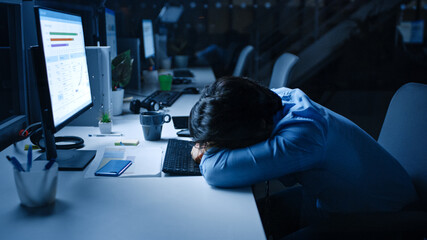 Poster - In the Office at Night Overworked Tired Office Worker Uses Desktop Computer but Falls Asleep Fast. Tired Exhausted Businessman Falls asleep at His Job