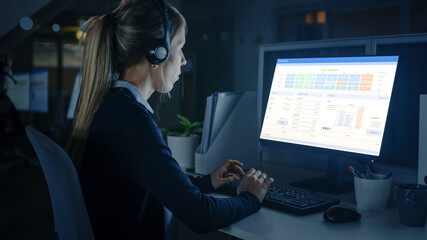 Poster - Working Late at Night in the Office: Businesswoman Using Desktop Computer, Using Headsets and Making Calls, Talking to Clients and Customers, Analyzing, Solving Problems. 