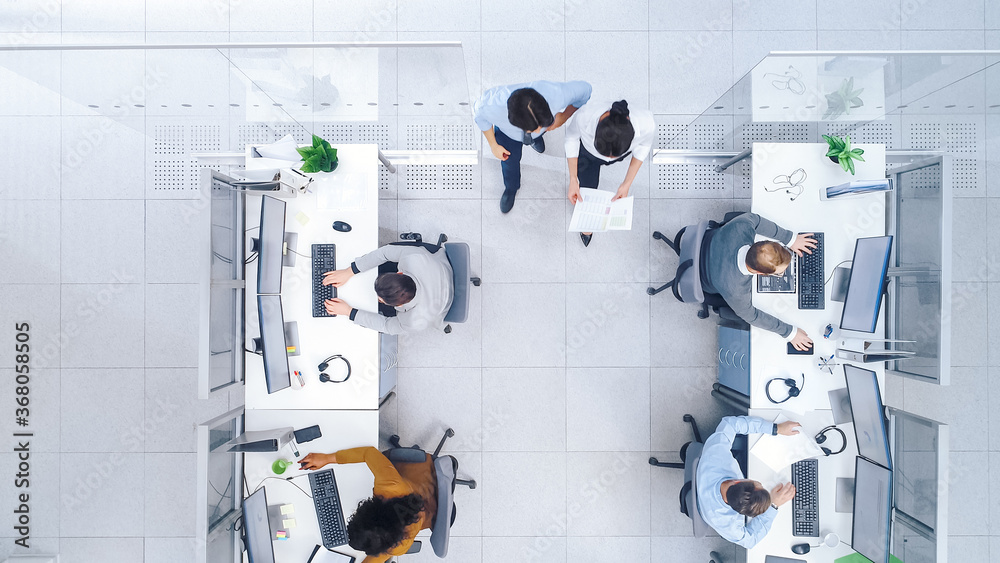 Top Down Shot of Big Busy Corporate Office with Tow Rows off ...
