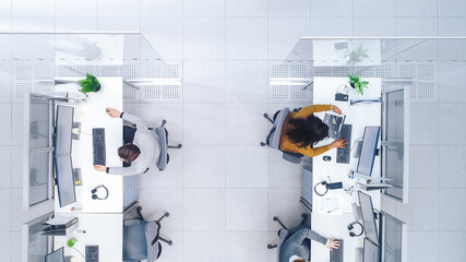Poster - Top Down Shot of Big Busy Corporate Office with Tow Rows off Businessmen and Businesswomen Working on Desktop Computers. Bright Open Space Office with Businesspeople and Salespeople