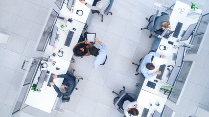 Top Down Shot of Big Busy Corporate Office with Tow Rows off Businessmen and Businesswomen Working on Desktop Computers. Bright Open Space Office with Businesspeople and Salespeople