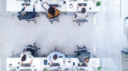 Poster - Top Down Shot of Big Busy Corporate Office with Tow Rows off Businessmen and Businesswomen Working on Desktop Computers. Bright Open Space Office with Businesspeople and Salespeople