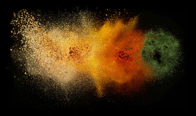Poster - freeze motion of spice explosion, black background