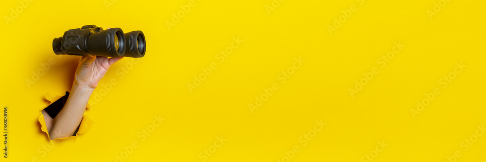 Female hand holds black binoculars on yellow background, travel, find and search concept. Banner. - obrazy, fototapety, plakaty 
