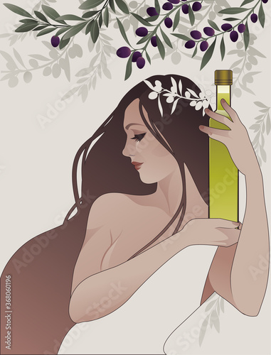 Cuadros en Lienzo Beautiful girl holding a bottle of olive oil, surrounded by olives and olive branches