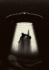 Poster - Alien spaceship kidnapping a human with the abduction ray. Retro styled poster with woman or man taken by the ufo or flying saucer. Sci-fi illustration in 50s style
