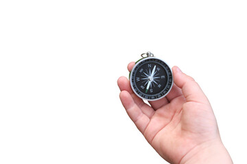 Wall Mural - round compass in hand isolated on white background for abstract image with place for text as symbol 