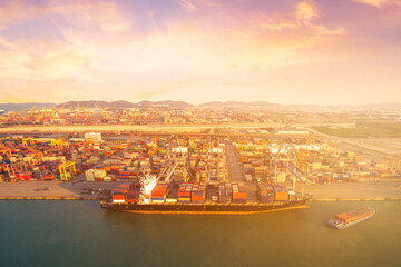 Wall Mural - Large container shipping boat at shipping yard main transportation of cargo container  shipping. Photo concept for Global business shipping,Logistic,Import and Export industry.