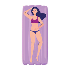 Sticker - woman in lying down on inflatable float with swimsuit, summer vacation season vector illustration design