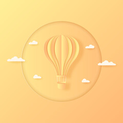 Wall Mural - summer, orange and yellow hot air balloon flying in the bright sky and cloud, paper art style