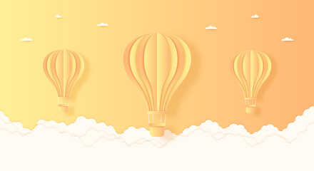 Wall Mural - summer, orange and yellow hot air balloons flying in the bright sky and cloud, paper art style