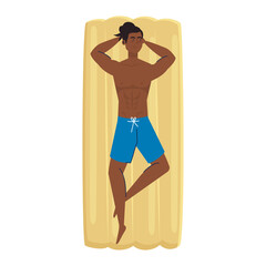 Poster - man afro in lying down on inflatable float in shorts, summer vacation season vector illustration design