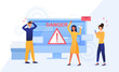 © Rudzhan - Cyber attack or hack concept with alert sign on a computer screen and worried people reacting to the danger, colored vector illustration
