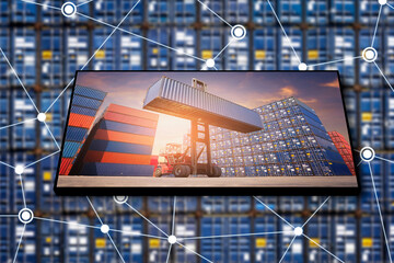 Wall Mural - Cargo container logistic business with internet of things technology for global business connection to worldwide shipping.photo design for transportation import,export and logistic industrial concept