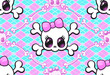Pastel goth seamless background pattern with cute big eyed girly skulls and crossbones.